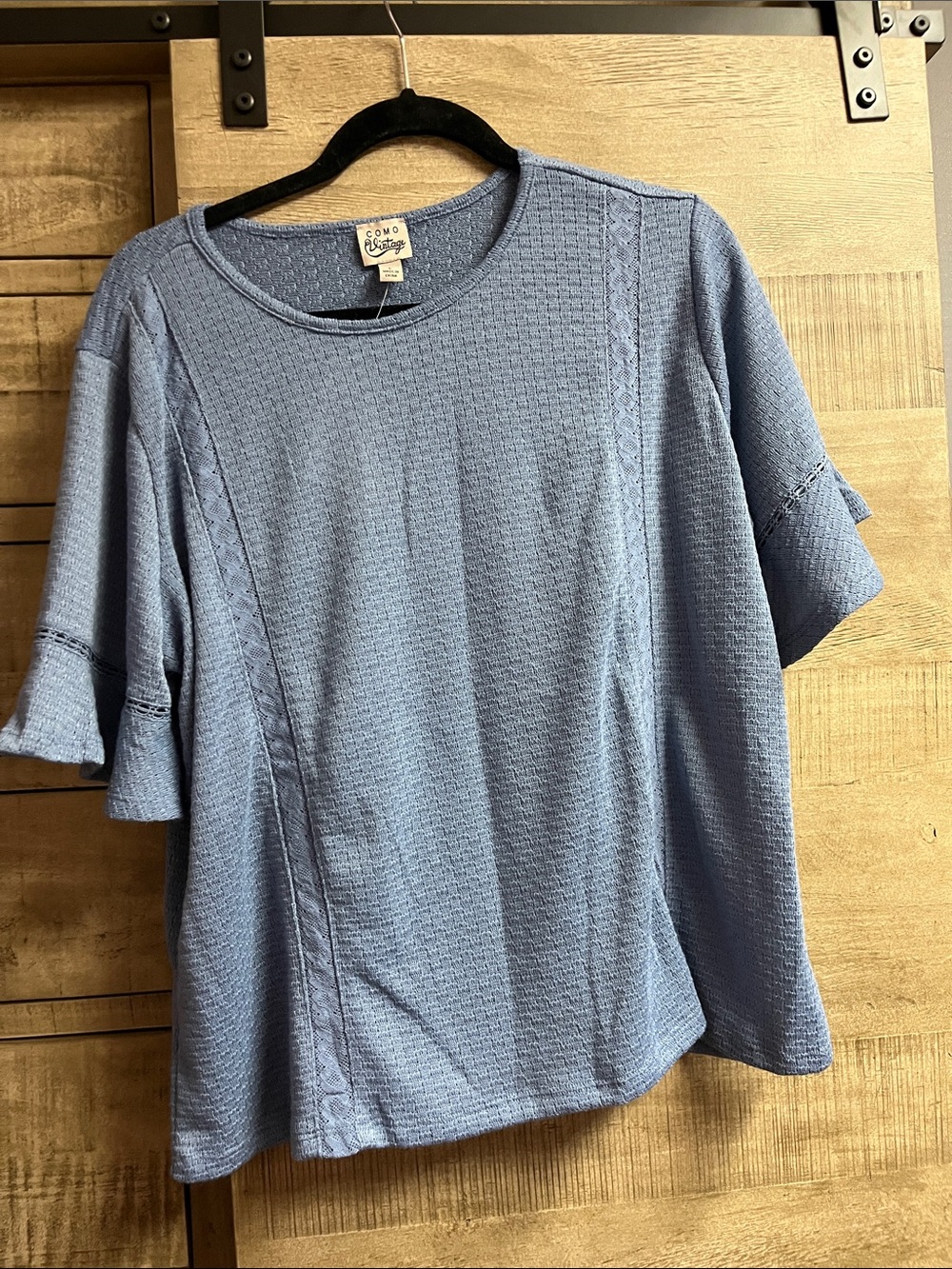 Como Vintage Light Blue Textured Ruffle Sleeve Top
